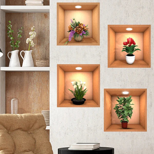 3D flower pot look wall stickers (set of 4 pieces)