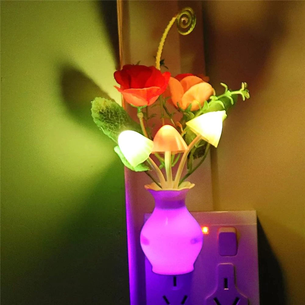 LED Night Light With Sensor Plug-in Auto Switch Rose Flower Mushroom Night Lamp Wall Light