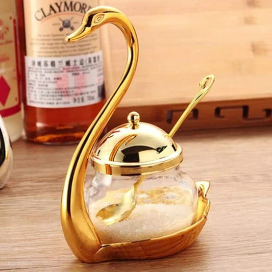 Swan sugar pot with spoon in golden color