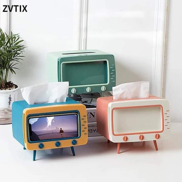 2 In 1 Tissue Box With Phone Stand Tv Appearance Creative Square Home Office Desktop Tissue Boxes Storage Organizer