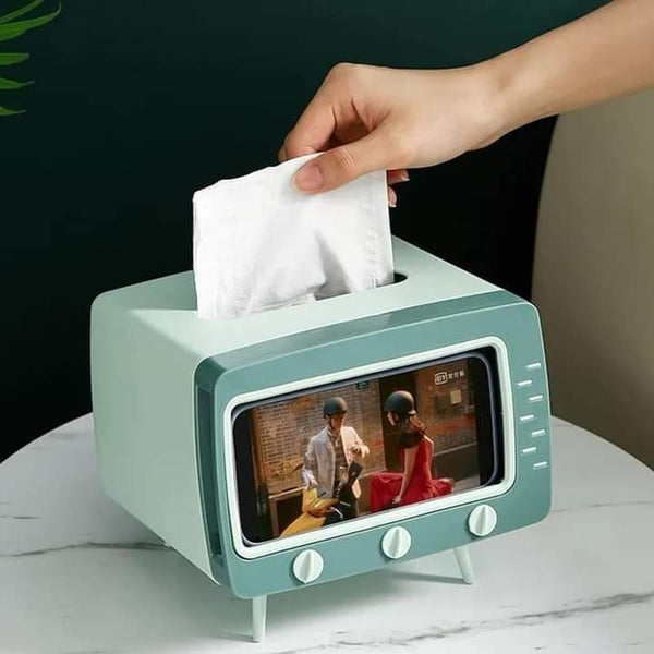 2 In 1 Tissue Box With Phone Stand Tv Appearance Creative Square Home Office Desktop Tissue Boxes Storage Organizer