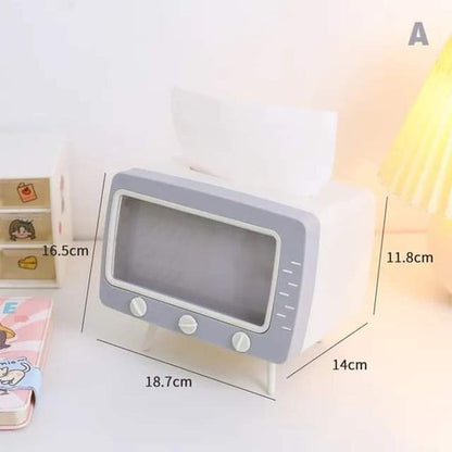 2 In 1 Tissue Box With Phone Stand Tv Appearance Creative Square Home Office Desktop Tissue Boxes Storage Organizer